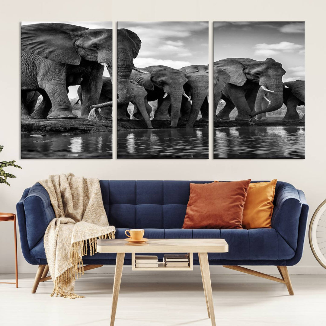 Large Wall Art Animal Canvas PrintElephant Herd Drinking Water