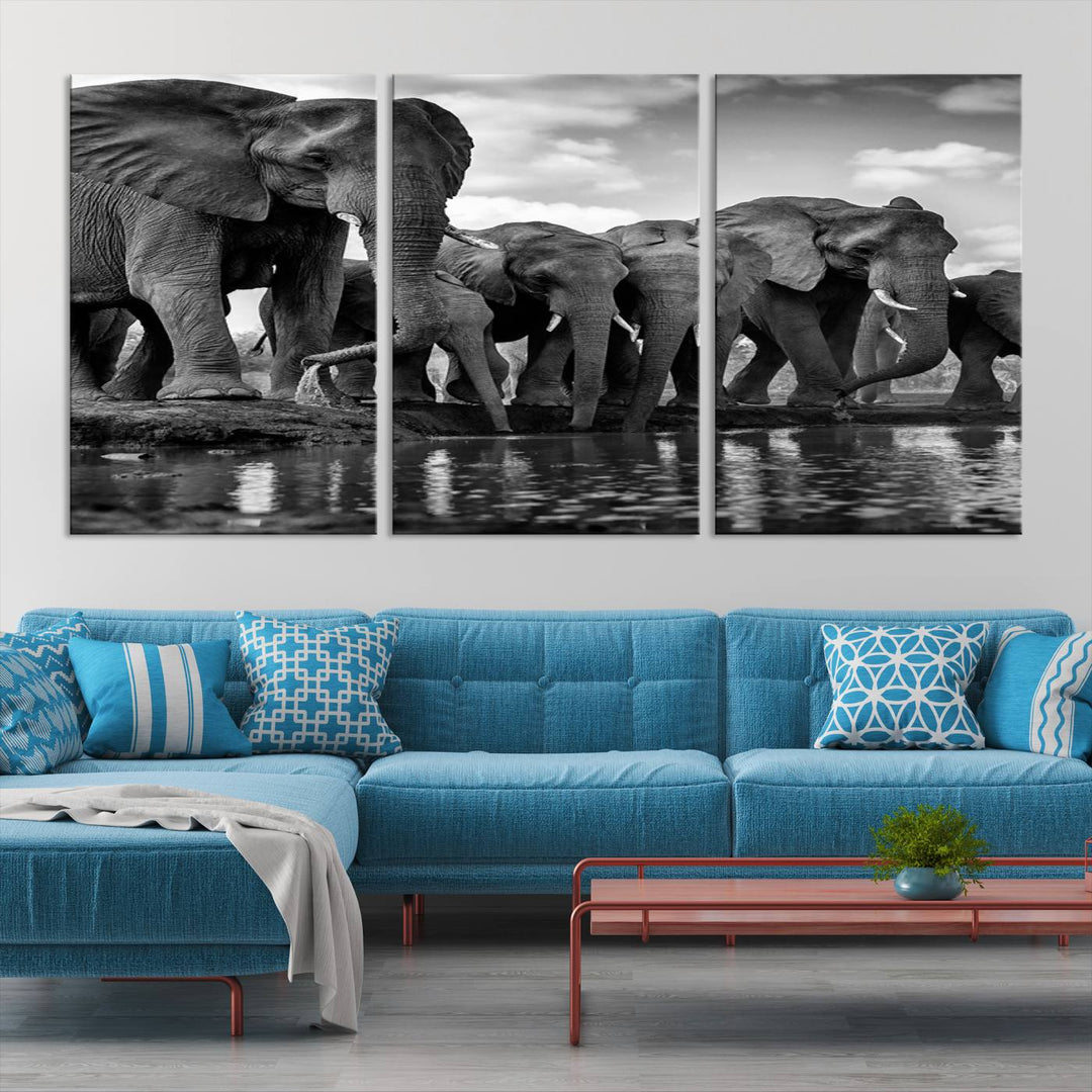 Large Wall Art Animal Canvas PrintElephant Herd Drinking Water