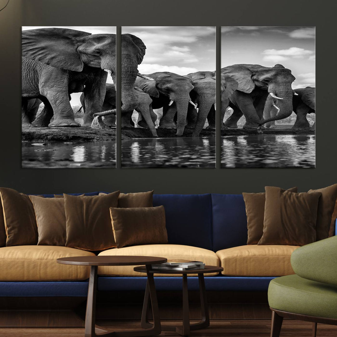 Large Wall Art Animal Canvas PrintElephant Herd Drinking Water