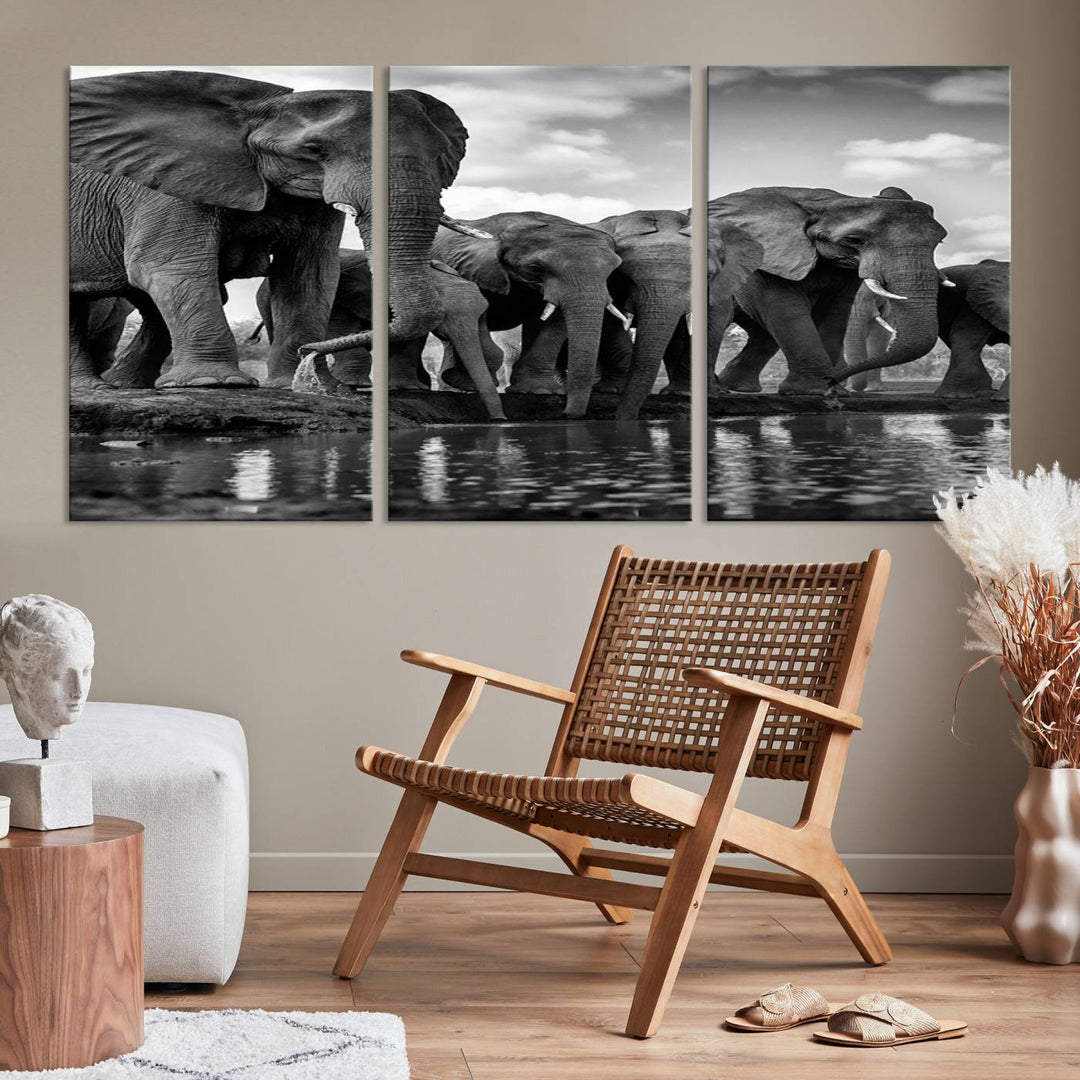 Large Wall Art Animal Canvas PrintElephant Herd Drinking Water