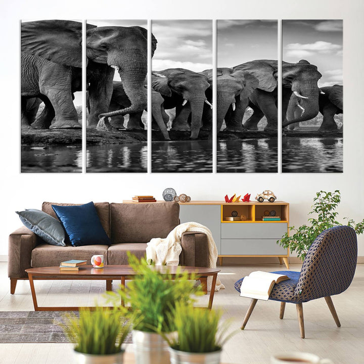 Large Wall Art Animal Canvas PrintElephant Herd Drinking Water