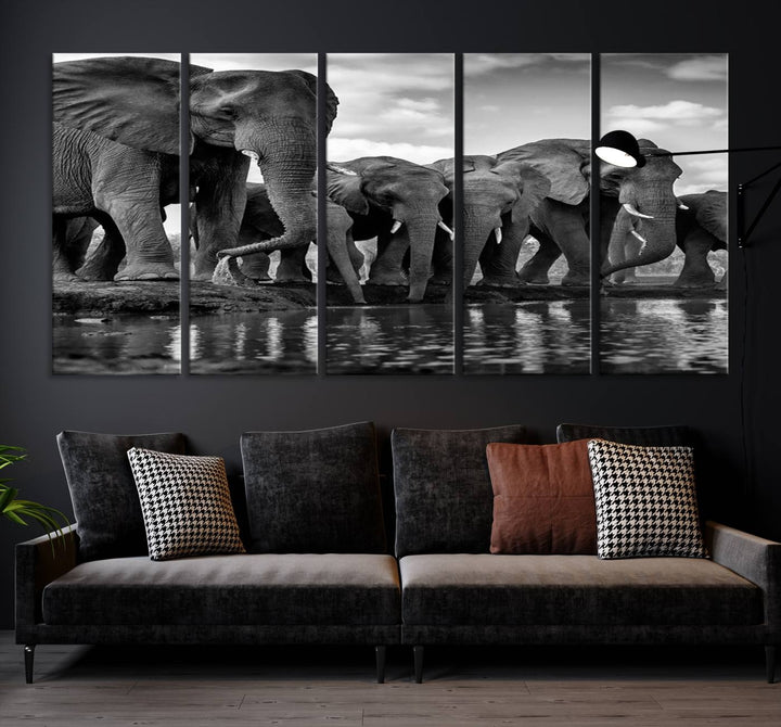 Large Wall Art Animal Canvas PrintElephant Herd Drinking Water