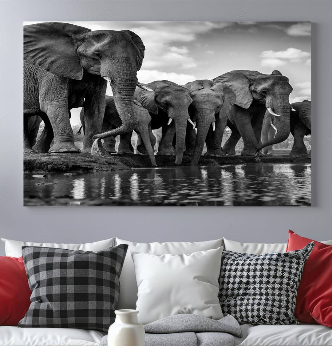 Large Wall Art Animal Canvas PrintElephant Herd Drinking Water