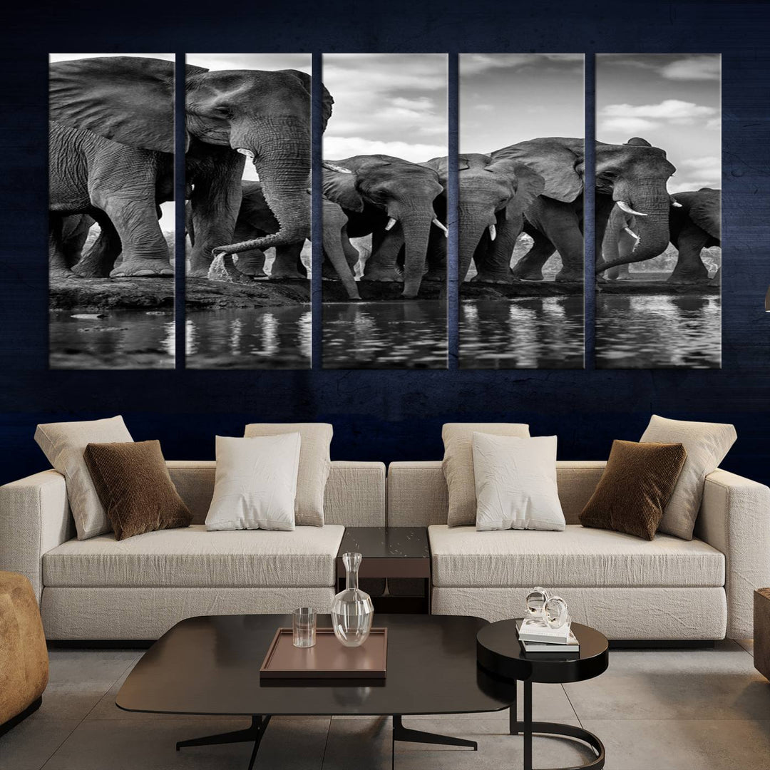 Large Wall Art Animal Canvas PrintElephant Herd Drinking Water