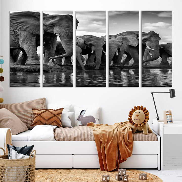 Large Wall Art Animal Canvas PrintElephant Herd Drinking Water