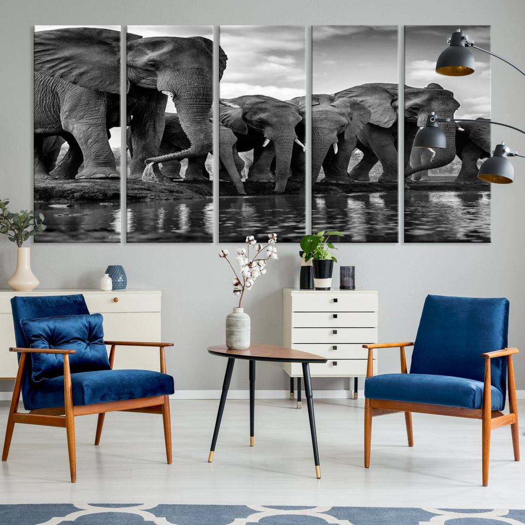 Large Wall Art Animal Canvas PrintElephant Herd Drinking Water