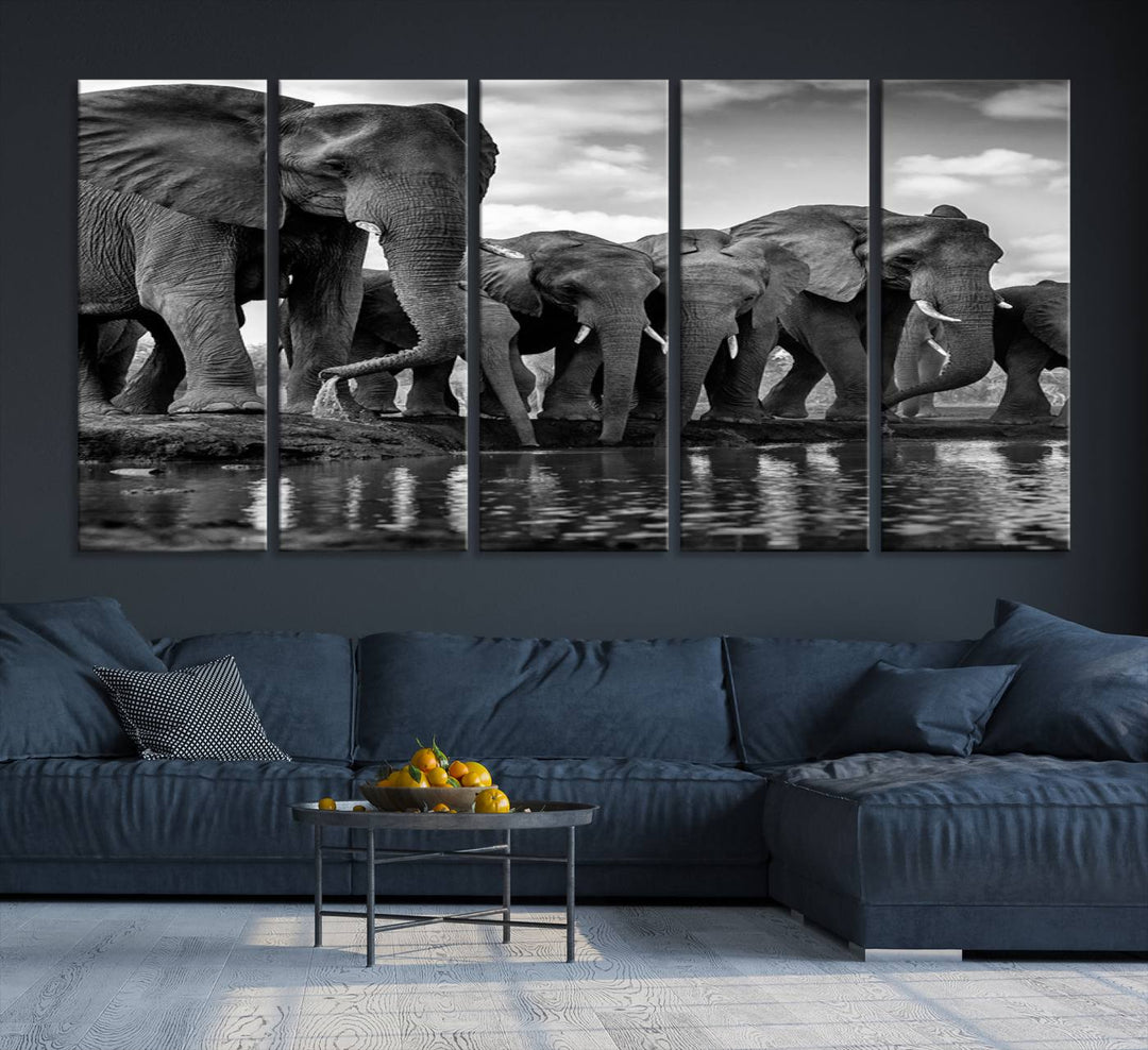 Large Wall Art Animal Canvas PrintElephant Herd Drinking Water