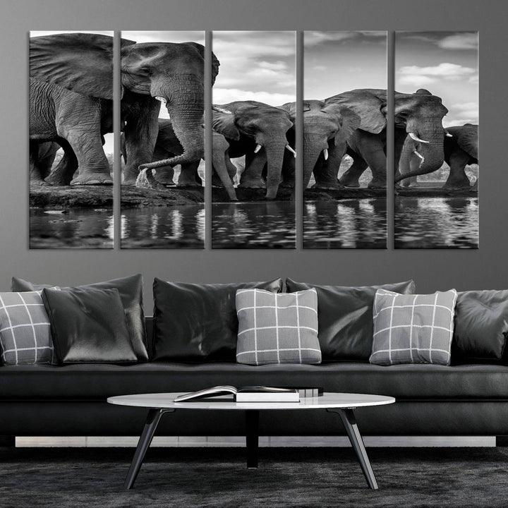 Large Wall Art Animal Canvas PrintElephant Herd Drinking Water