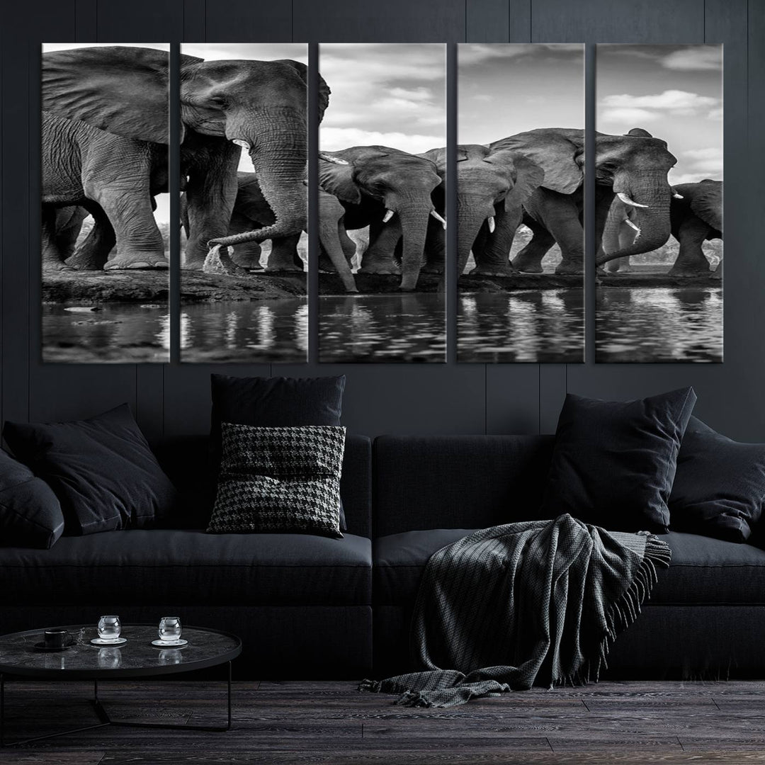 Large Wall Art Animal Canvas PrintElephant Herd Drinking Water