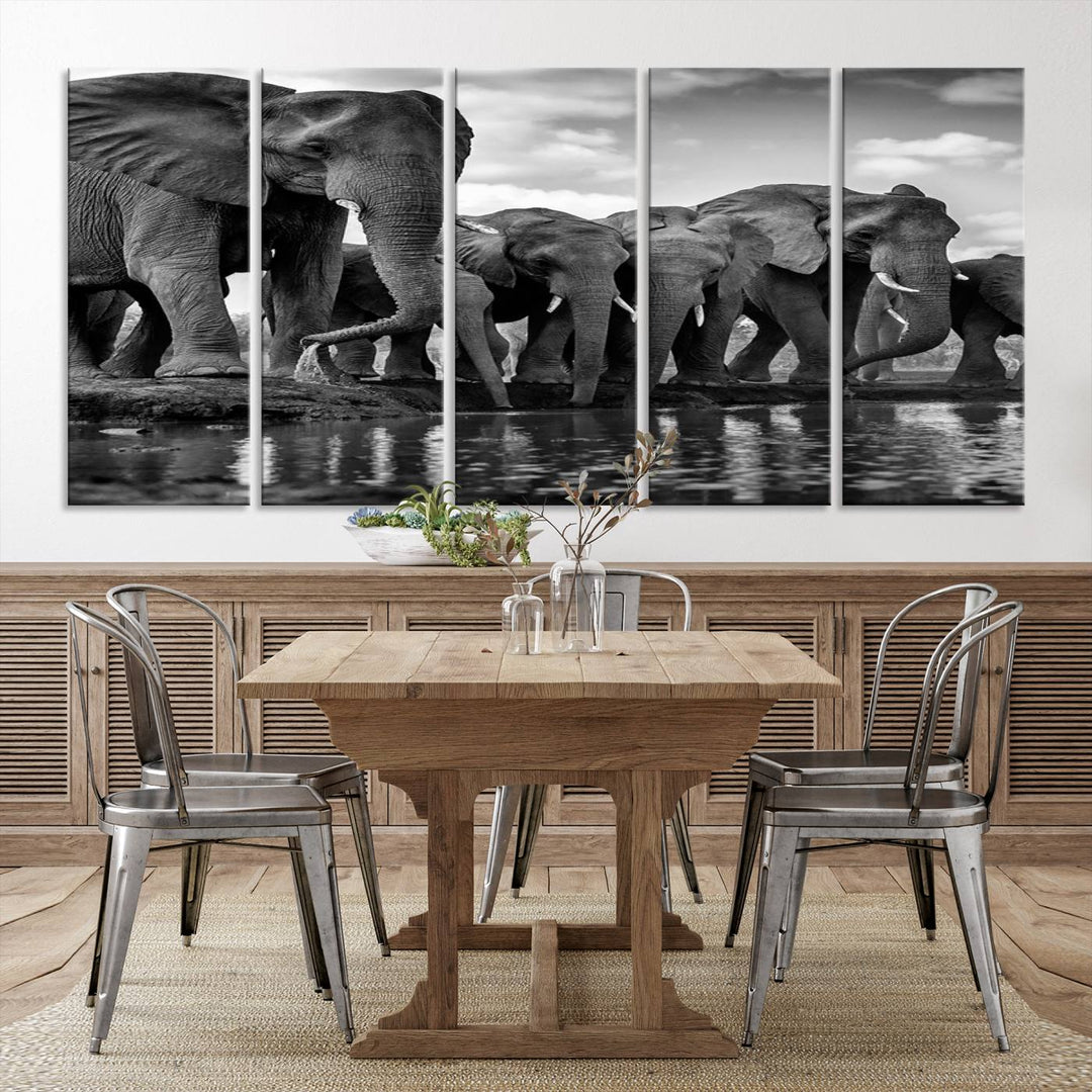 Large Wall Art Animal Canvas PrintElephant Herd Drinking Water