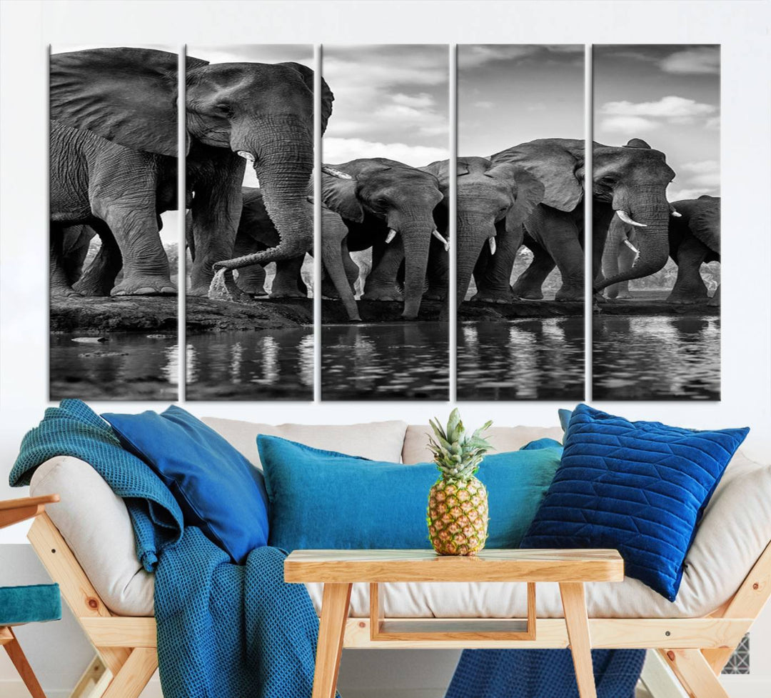 Large Wall Art Animal Canvas PrintElephant Herd Drinking Water