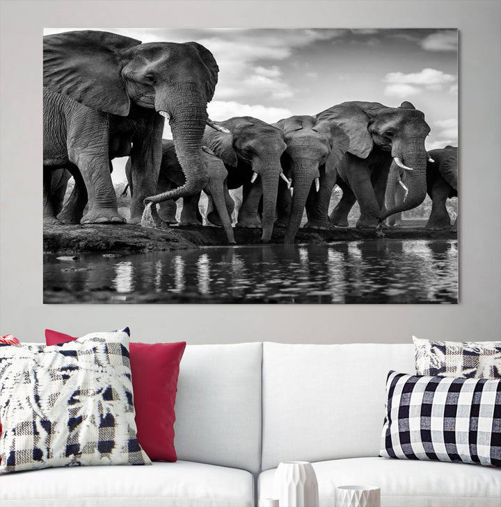 Large Wall Art Animal Canvas PrintElephant Herd Drinking Water