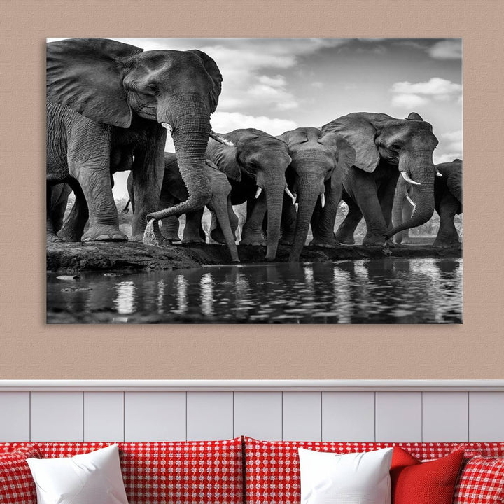 Large Wall Art Animal Canvas PrintElephant Herd Drinking Water