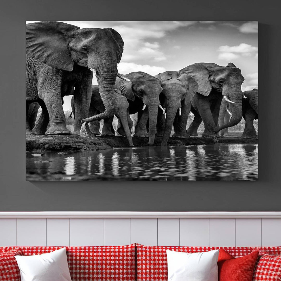 Large Wall Art Animal Canvas PrintElephant Herd Drinking Water