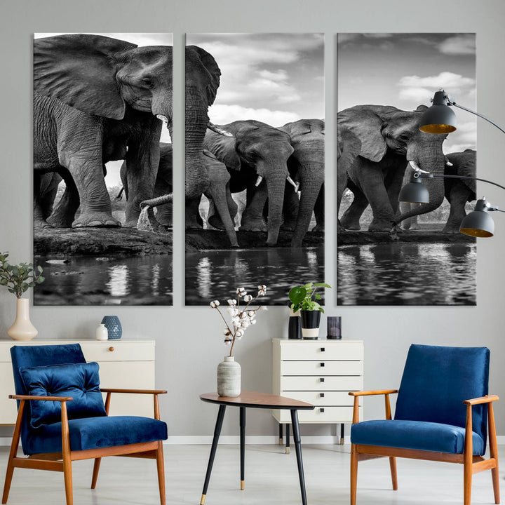 Large Wall Art Animal Canvas PrintElephant Herd Drinking Water