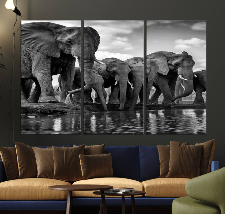 Large Wall Art Animal Canvas PrintElephant Herd Drinking Water