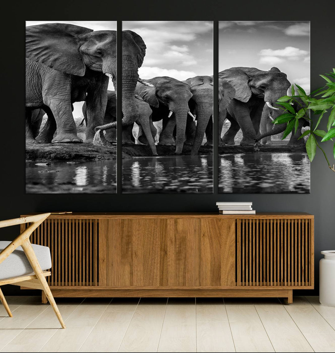 Large Wall Art Animal Canvas PrintElephant Herd Drinking Water