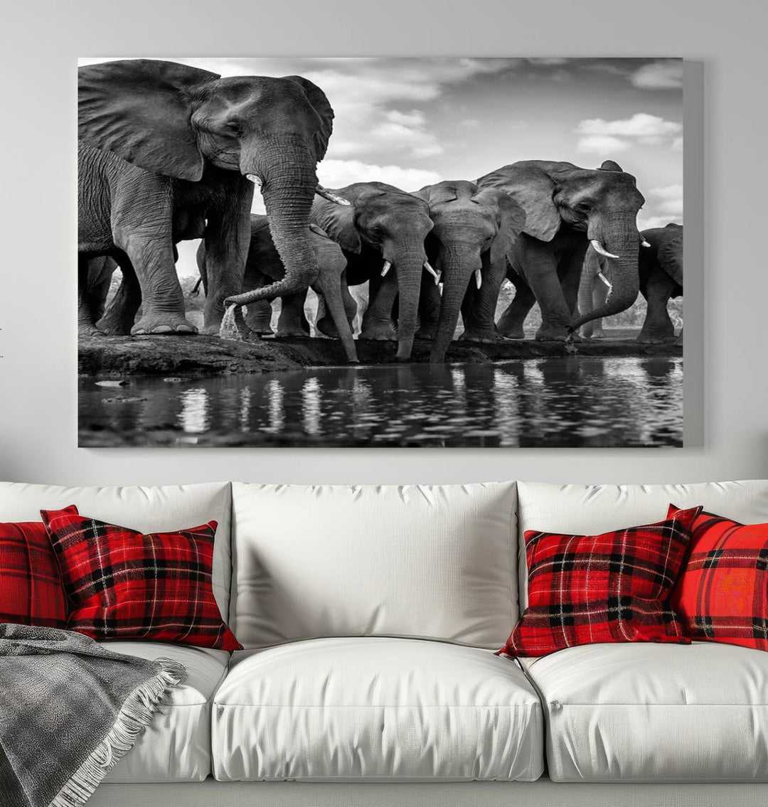 Large Wall Art Animal Canvas PrintElephant Herd Drinking Water