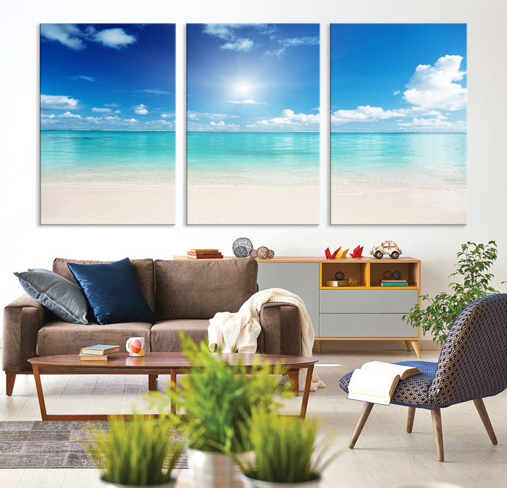 Large Wall Art Canvas Light Blue Beach and Ocean View for Dining Living Bedroom Office Decor