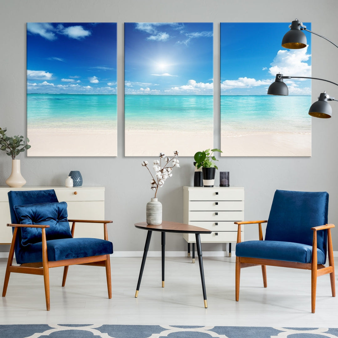 Large Wall Art Canvas Light Blue Beach and Ocean View for Dining Living Bedroom Office Decor