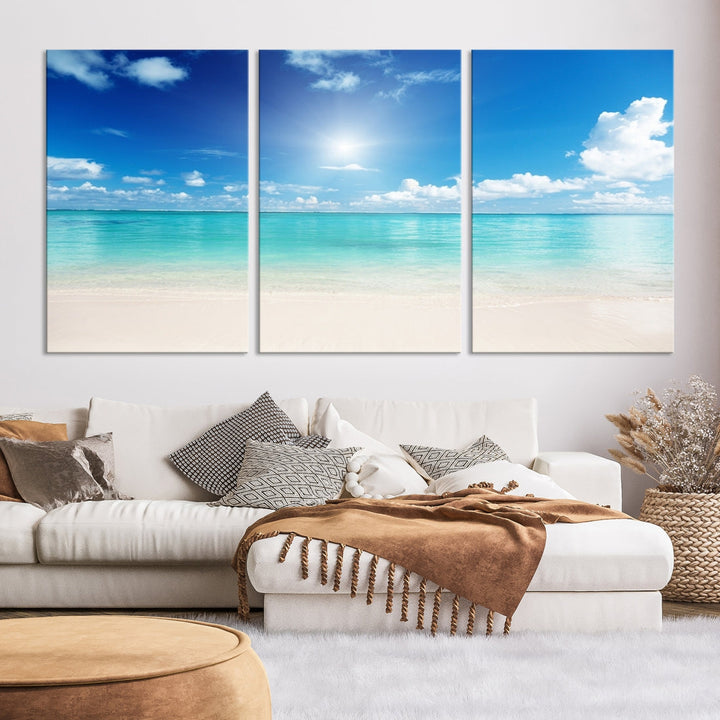 Large Wall Art Canvas Light Blue Beach and Ocean View for Dining Living Bedroom Office Decor