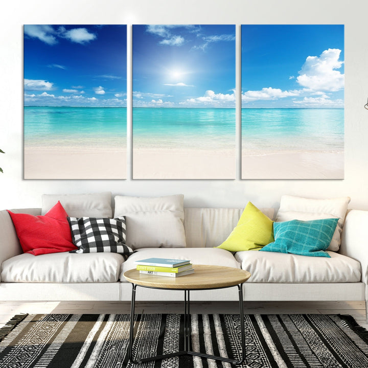 Large Wall Art Canvas Light Blue Beach and Ocean View for Dining Living Bedroom Office Decor