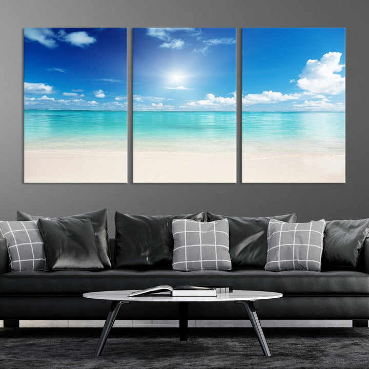 Large Wall Art Canvas Light Blue Beach and Ocean View for Dining Living Bedroom Office Decor