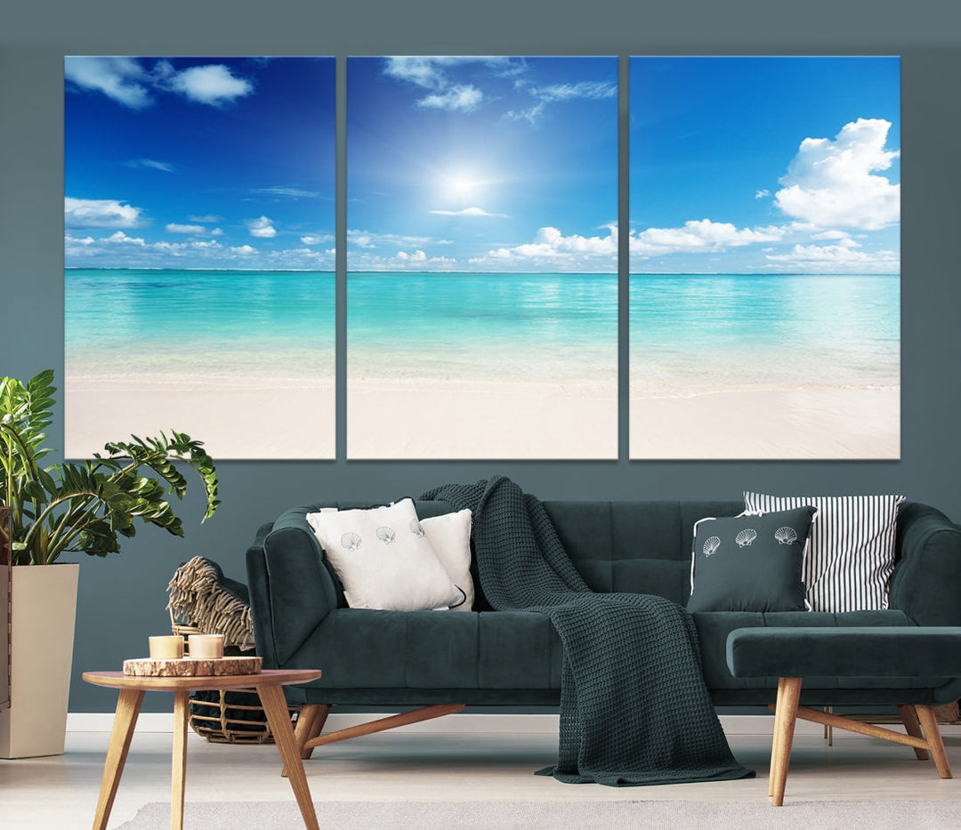 Large Wall Art Canvas Light Blue Beach and Ocean View for Dining Living Bedroom Office Decor