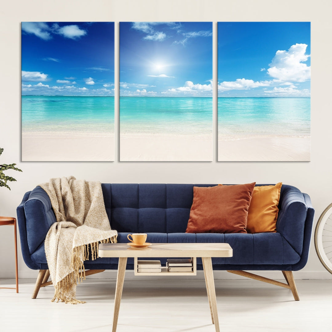 Large Wall Art Canvas Light Blue Beach and Ocean View for Dining Living Bedroom Office Decor