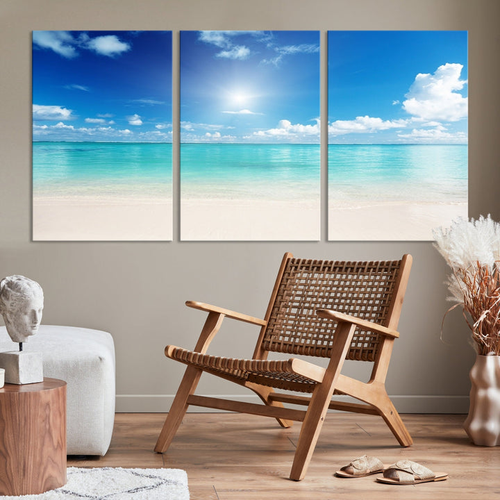 Large Wall Art Canvas Light Blue Beach and Ocean View for Dining Living Bedroom Office Decor