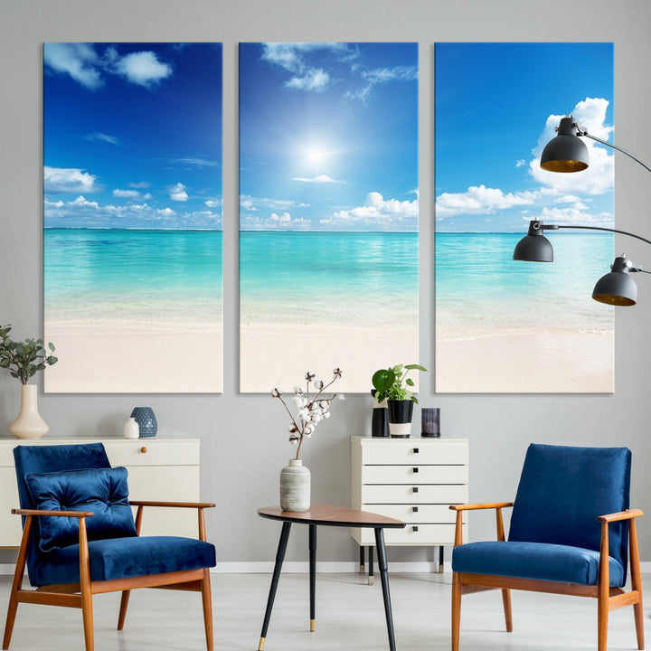 Large Wall Art Canvas Light Blue Beach and Ocean View for Dining Living Bedroom Office Decor