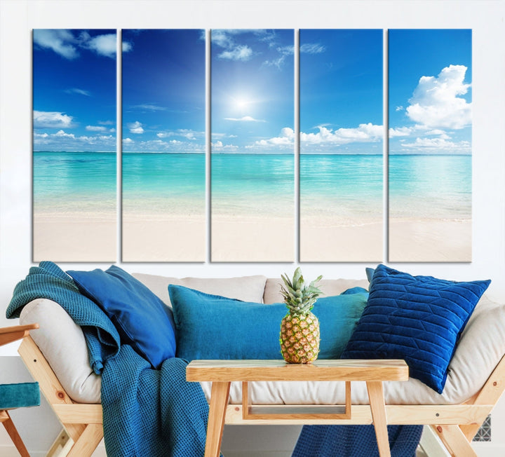 Large Wall Art Canvas Light Blue Beach and Ocean View for Dining Living Bedroom Office Decor