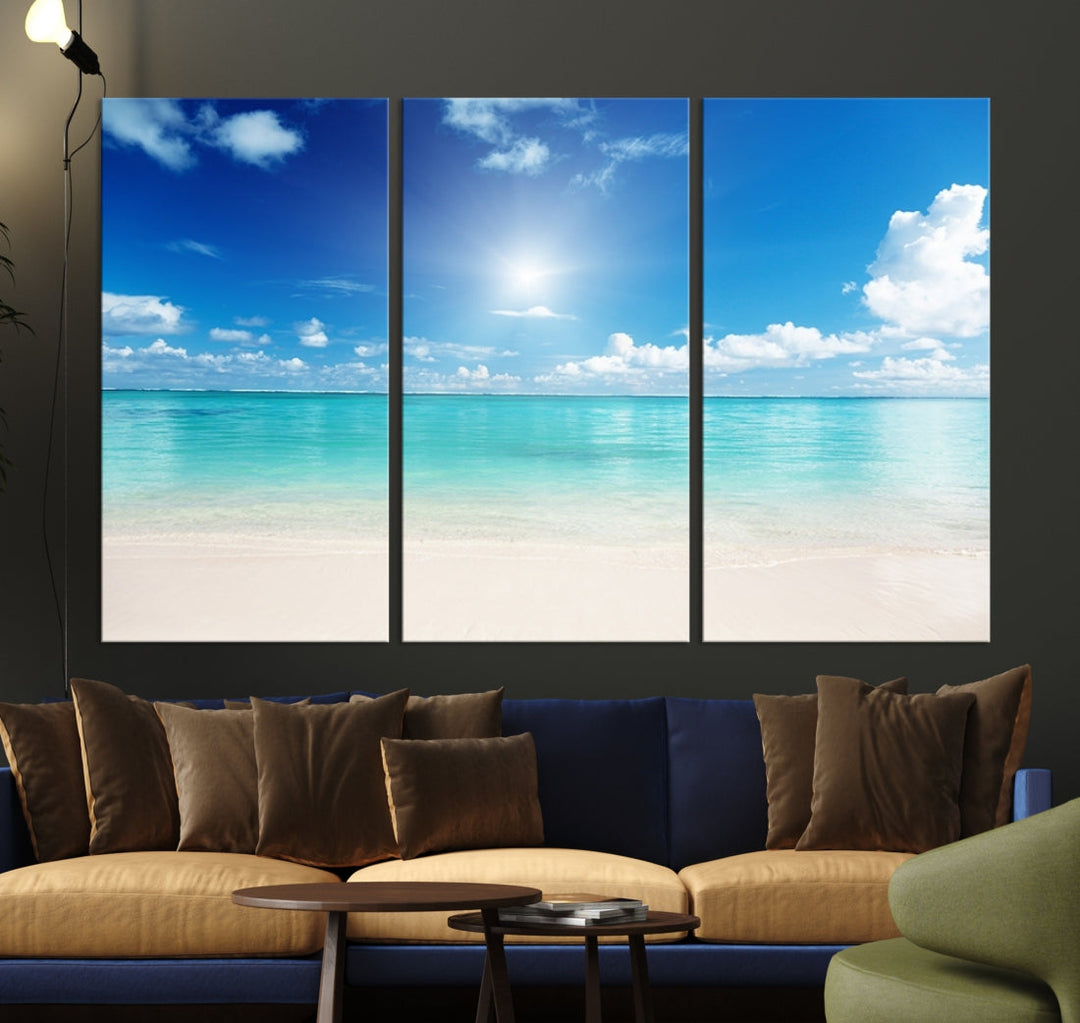 Large Wall Art Canvas Light Blue Beach and Ocean View for Dining Living Bedroom Office Decor