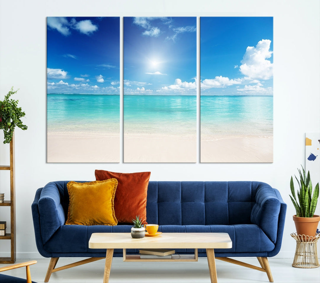 Large Wall Art Canvas Light Blue Beach and Ocean View for Dining Living Bedroom Office Decor