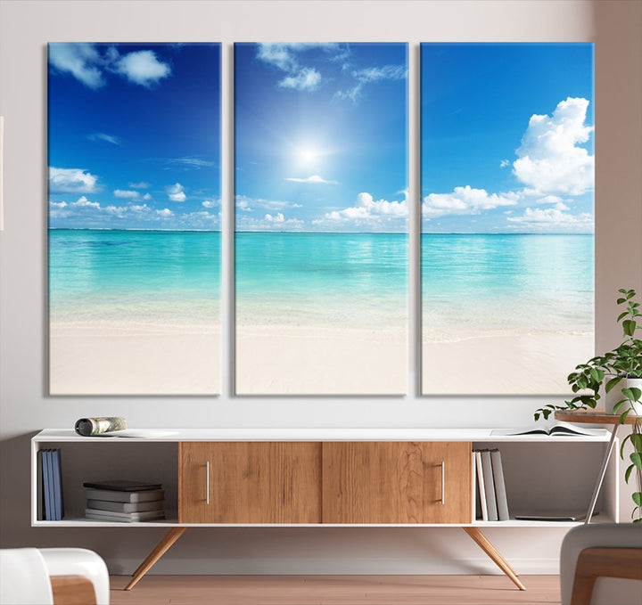 Large Wall Art Canvas Light Blue Beach and Ocean View for Dining Living Bedroom Office Decor