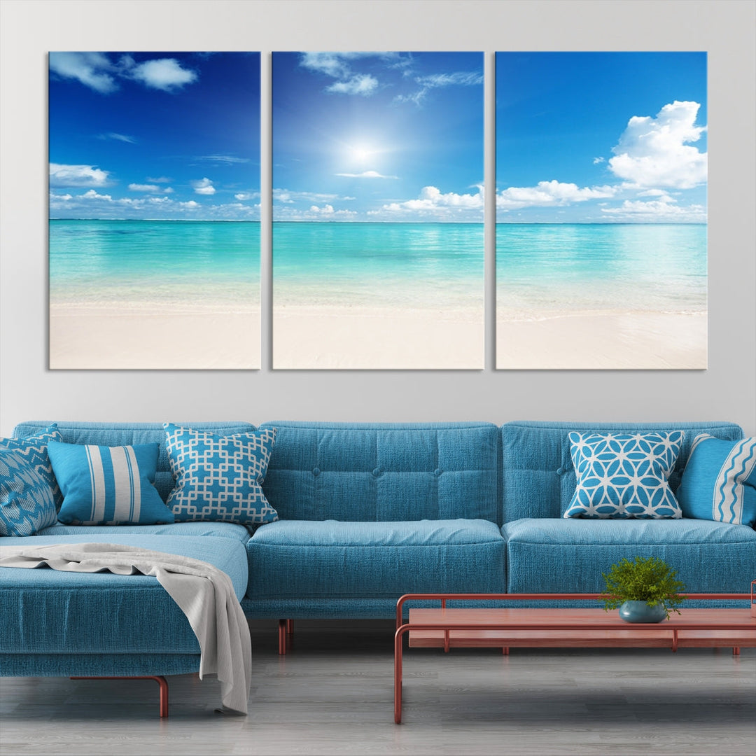 Large Wall Art Canvas Light Blue Beach and Ocean View for Dining Living Bedroom Office Decor