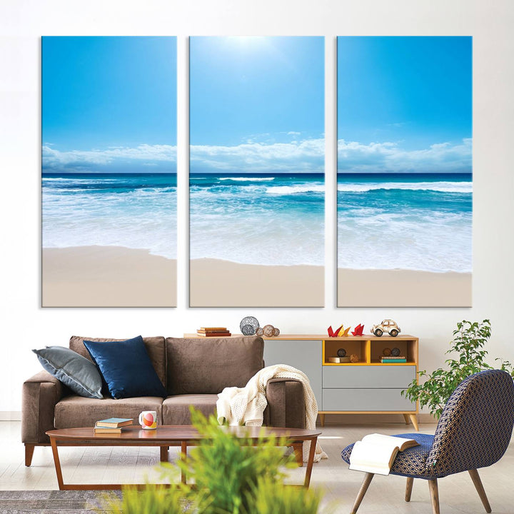 Large Wall Art Canvas Print Shiny Blue Sea and Beach