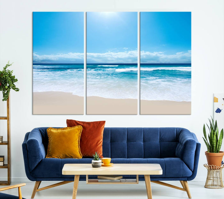 Large Wall Art Canvas Print Shiny Blue Sea and Beach