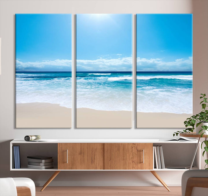 Large Wall Art Canvas Print Shiny Blue Sea and Beach