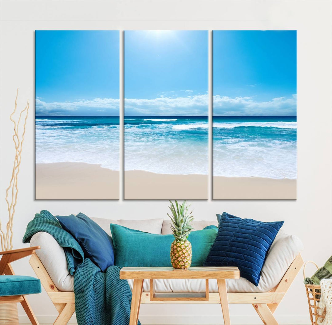 Large Wall Art Canvas Print Shiny Blue Sea and Beach