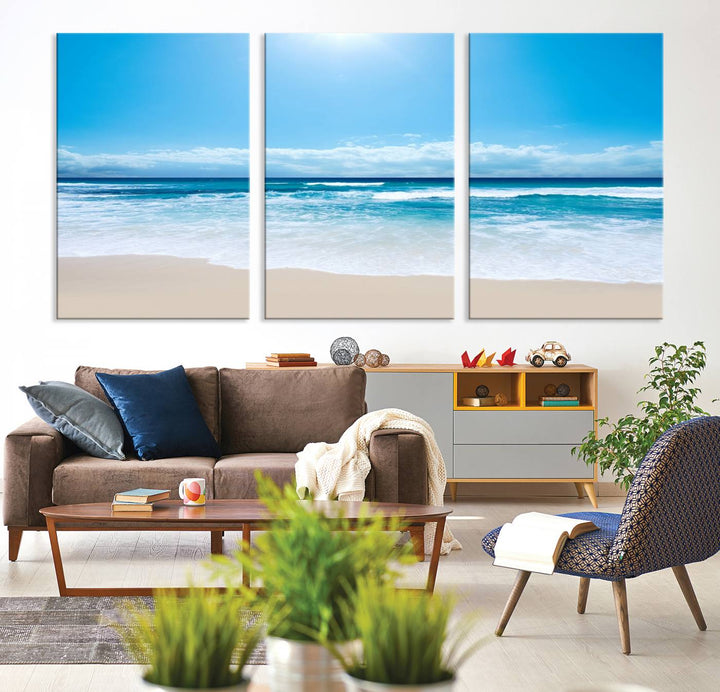 Large Wall Art Canvas Print Shiny Blue Sea and Beach