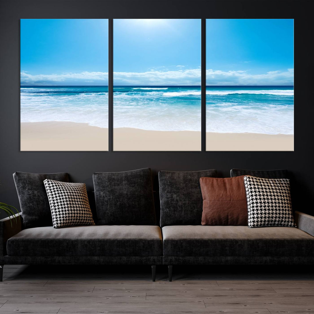 Large Wall Art Canvas Print Shiny Blue Sea and Beach