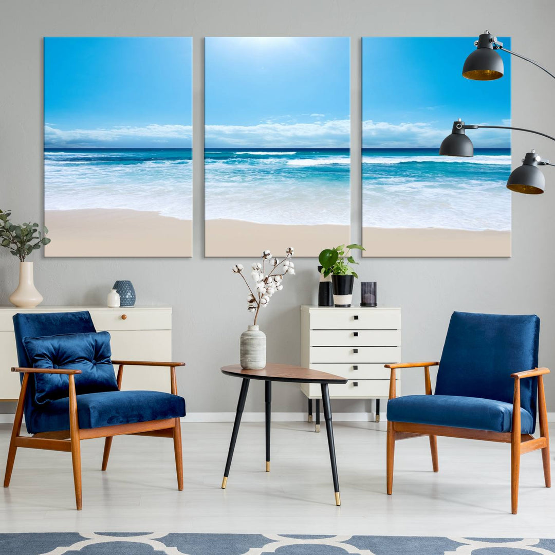 Large Wall Art Canvas Print Shiny Blue Sea and Beach