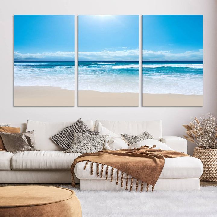 Large Wall Art Canvas Print Shiny Blue Sea and Beach