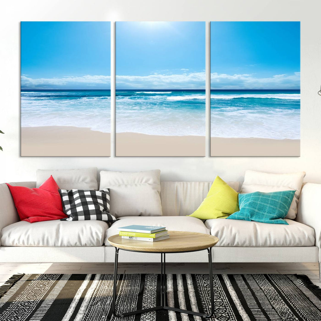 Large Wall Art Canvas Print Shiny Blue Sea and Beach