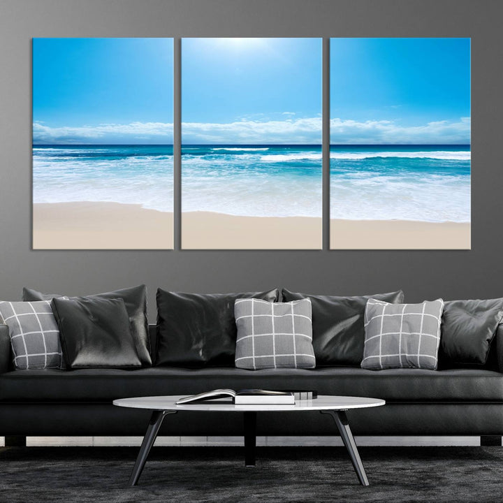 Large Wall Art Canvas Print Shiny Blue Sea and Beach