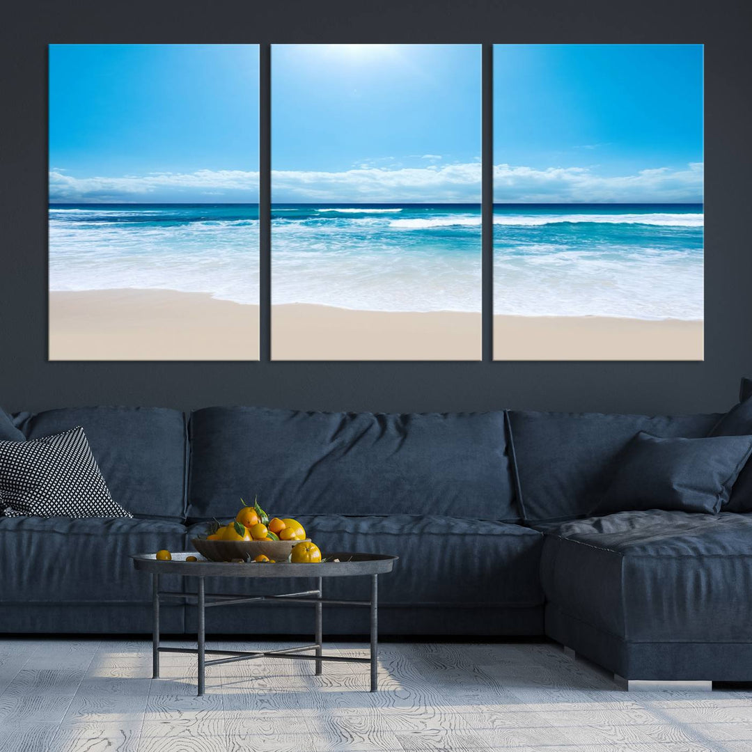 Large Wall Art Canvas Print Shiny Blue Sea and Beach