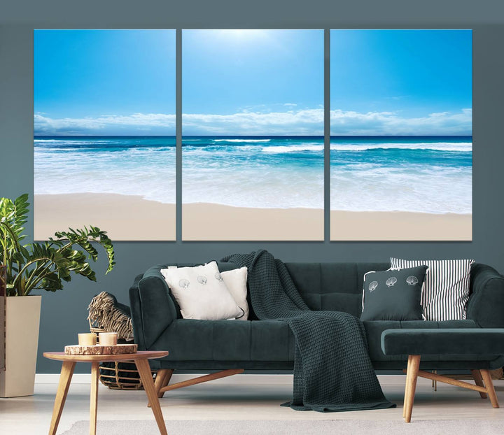 Large Wall Art Canvas Print Shiny Blue Sea and Beach