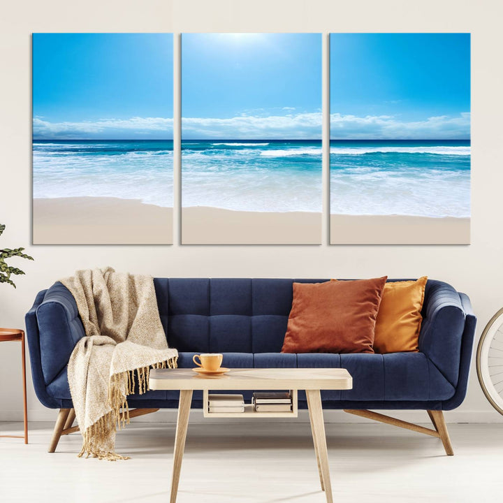 Large Wall Art Canvas Print Shiny Blue Sea and Beach