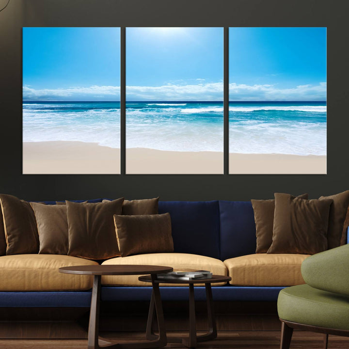 Large Wall Art Canvas Print Shiny Blue Sea and Beach